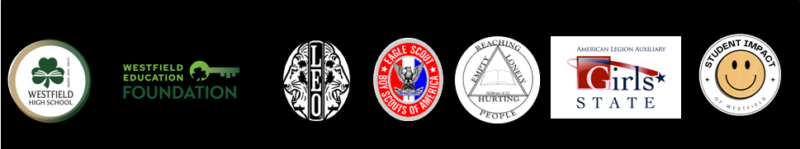 Logos for Westfield High School, Westfield Education Foundation, Leo Club, Boy Scouts, Girls State, and Student Impact